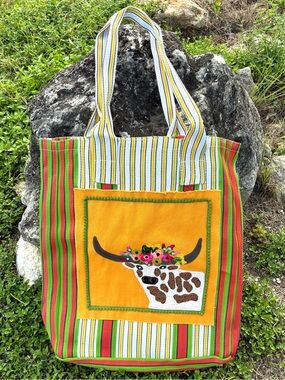 Karma Living Recycled Plastic Mesh Tote Bag Longhorn Cow Floral Crown Boho
